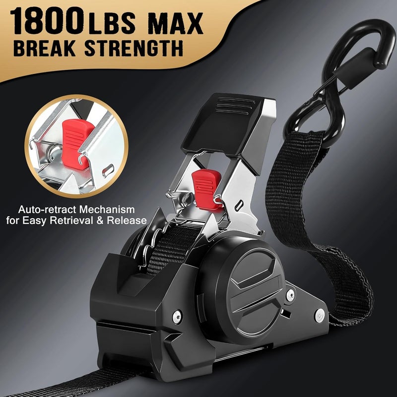 IAZZCO Retractable Ratchet Tie Down Straps - 1 Inch x 10 Feet (1800 LB Break Strength) Heavy Duty Self Retracting Ratchet Straps, for Trucks/ATV/Motorcycle/Cargo/Household（Black/2 Pack） - Image 2